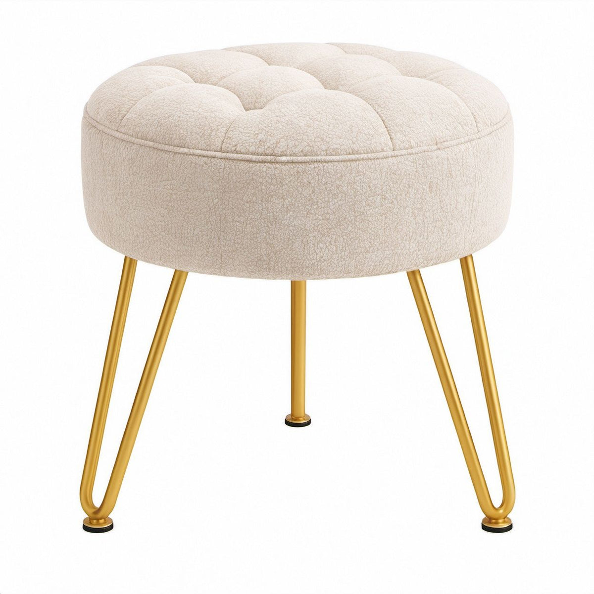 Runder Fußhocker aus cremefarbenem Polyester-Bouclé mit goldfarbenen Stahlbeinen, 40 x 40 x 48 cm