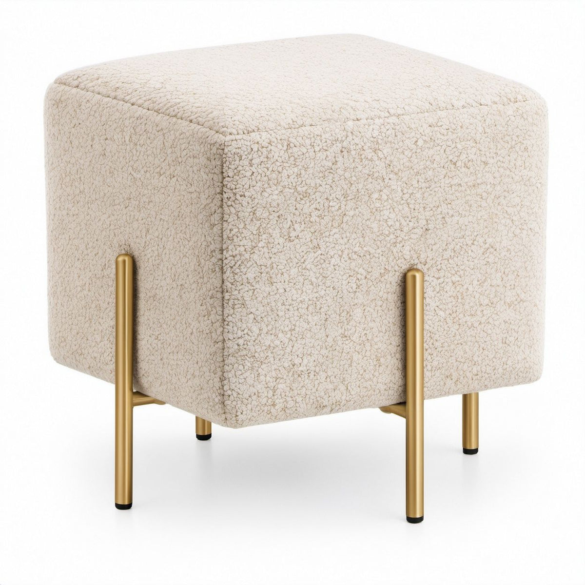Quadratischer Fußhocker aus cremefarbenem Bouclé-Polyester mit goldfarbenem Stahlgestell, 45 x 45 x 48 cm