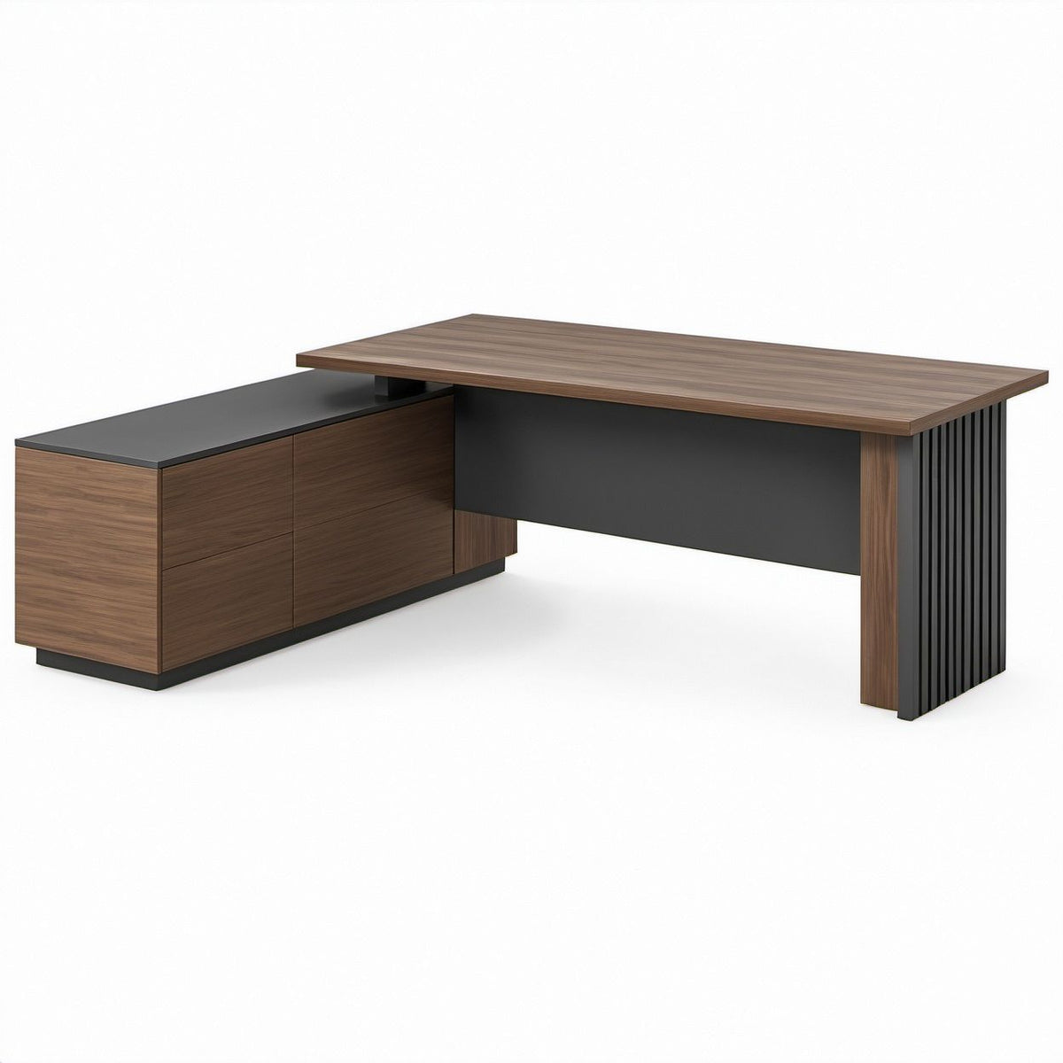 L-förmiger Büroschreibtisch mit Sideboard, Nussbaum/Schwarz, 220 x 180 x 75 cm