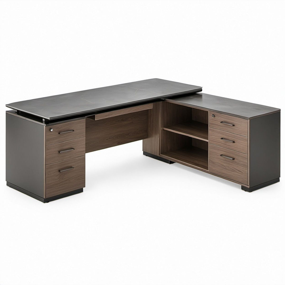 L-förmiger Chefschreibtisch mit 6 Schubladen, Dunkelgrau/Walnuss/Schwarz, 220 x 180 x 76 cm