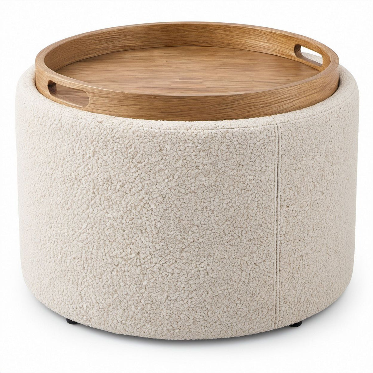 Runder Polsterhocker mit abnehmbarem Tablett, Creme/Natur, Ø 50 x 43 cm