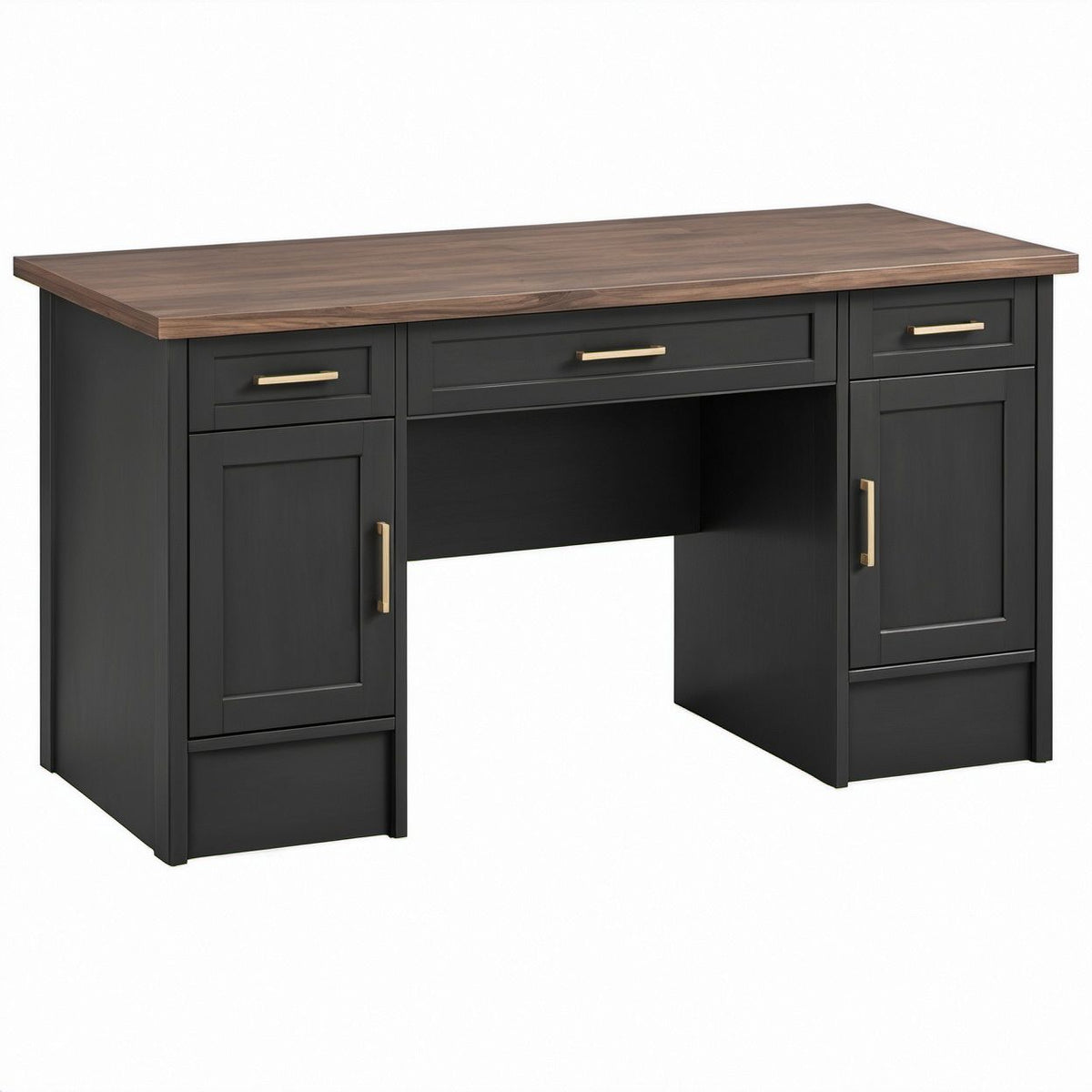 Schreibtisch mit 3 Schubladen und 2 Türen, 140 x 60 x 75 cm, Schwarz/Walnussbraun/Gold