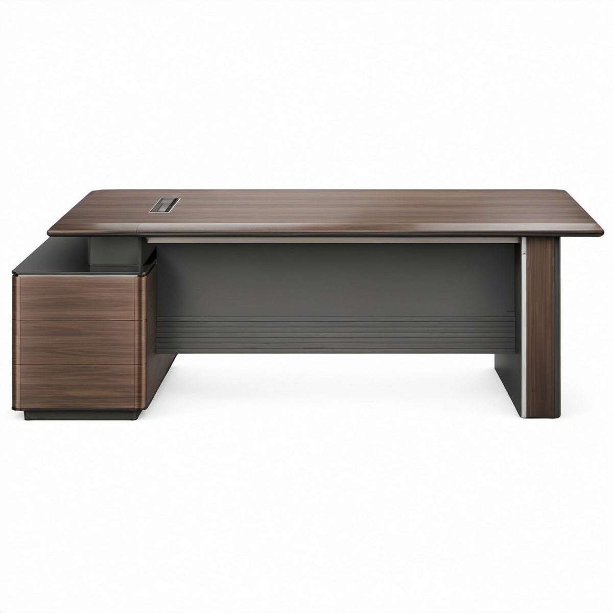 Rechteckiger Chefschreibtisch aus MDF, Walnussbraun/Dunkelgrau, 200 x 90 x 75 cm, mit 3 Schubladen und Kabeldurchlass