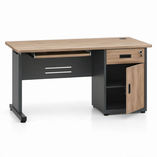 Schreibtisch 120 x 60 x 75 cm in Eiche/Schwarz mit Tastaturauszug, abschließbarer Schublade und Tür