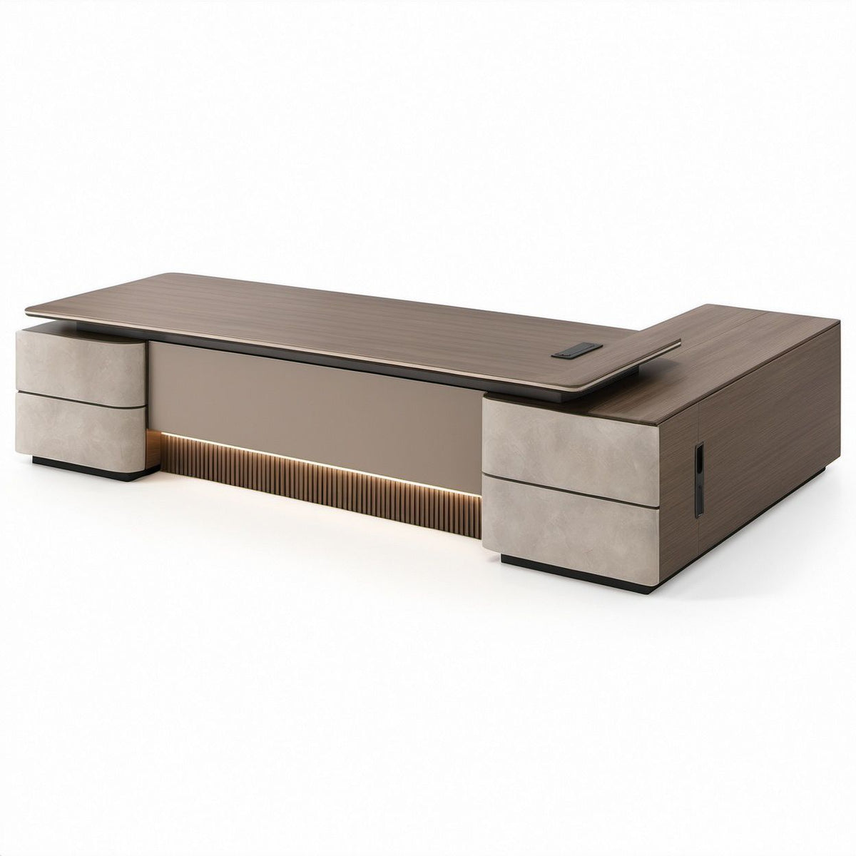L-förmiger Chefschreibtisch mit Stauraum, Walnussbraun/Beige/Schwarz, 240 x 180 x 75 cm