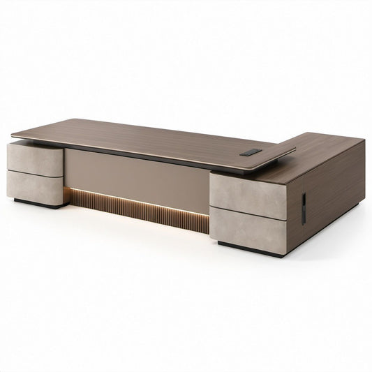L-förmiger Chefschreibtisch mit Stauraum, Walnussbraun/Beige/Schwarz, 240 x 180 x 75 cm