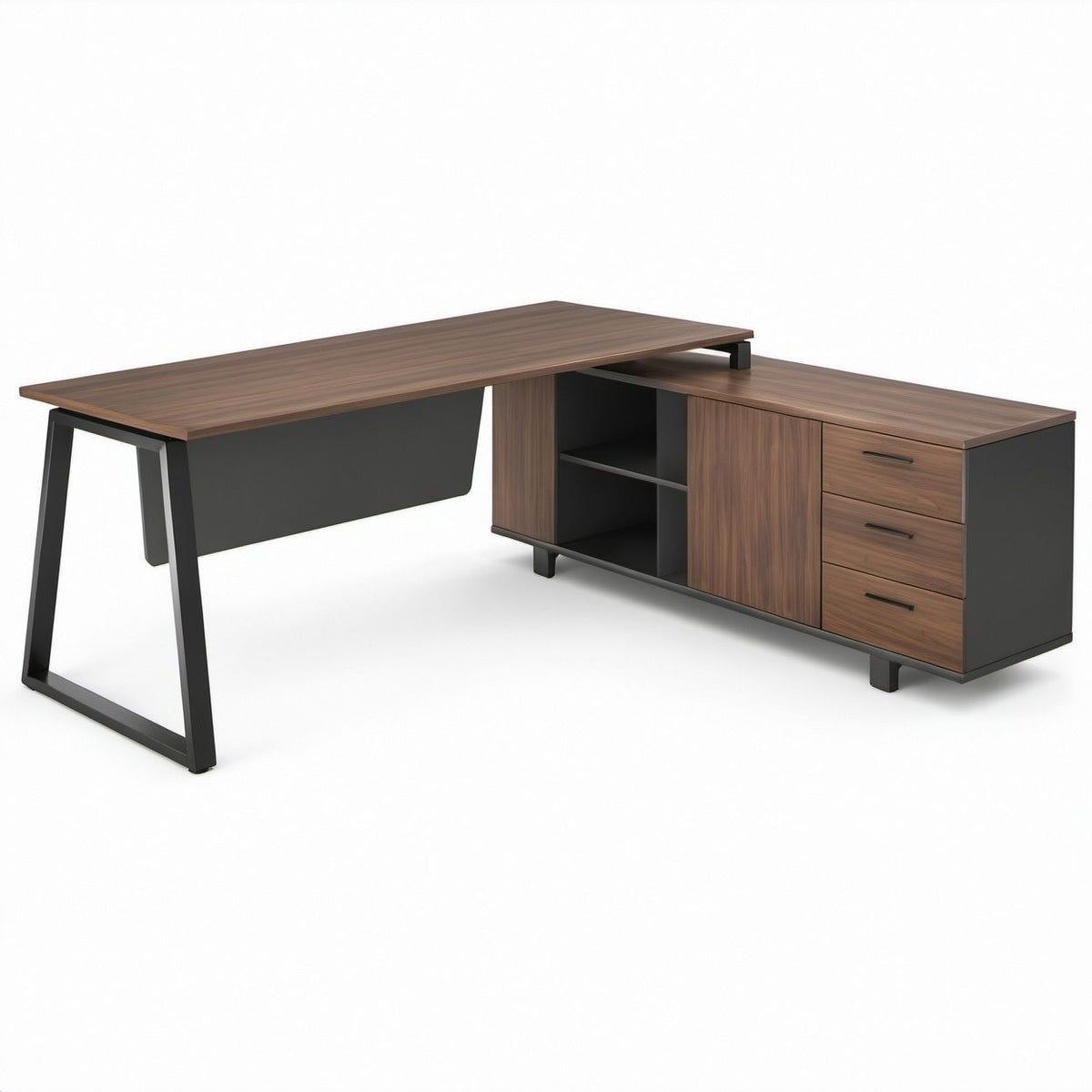 L-förmiger Schreibtisch mit Stauraumelement, 240 x 160 x 75 cm, Nussbaumoptik/Schwarz