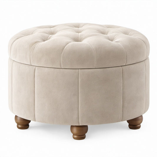 Runder Polsterhocker aus Polyestersamt in Creme/Braun, Ø 80 x 45 cm