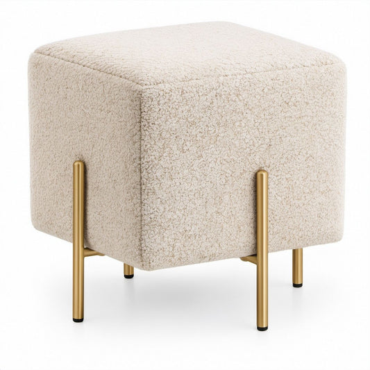 Quadratischer Fußhocker aus cremefarbenem Bouclé-Polyester mit goldfarbenem Stahlgestell, 45 x 45 x 48 cm