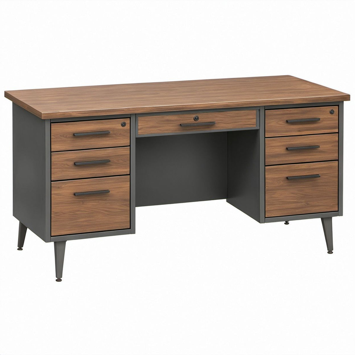 Schreibtisch im Industriestil mit 7 Schubladen, Walnussbraun/Anthrazit, 160 x 70 x 76 cm