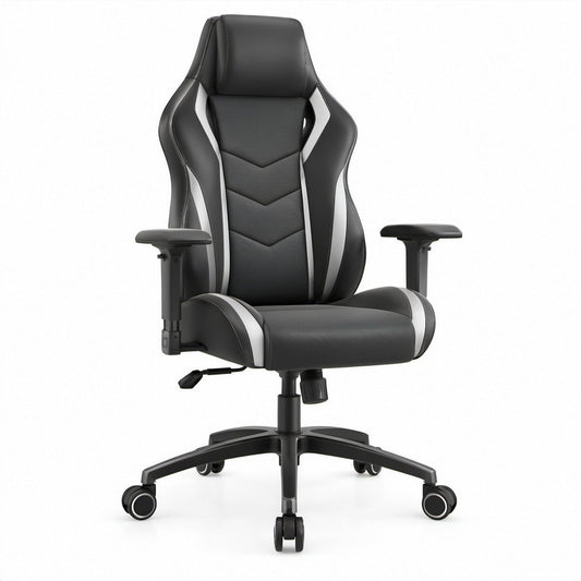 Gamingstuhl in Rennsitzform, Schwarz/Grau, PU-Kunstleder und Polyester, 68 x 68 x 120–130 cm