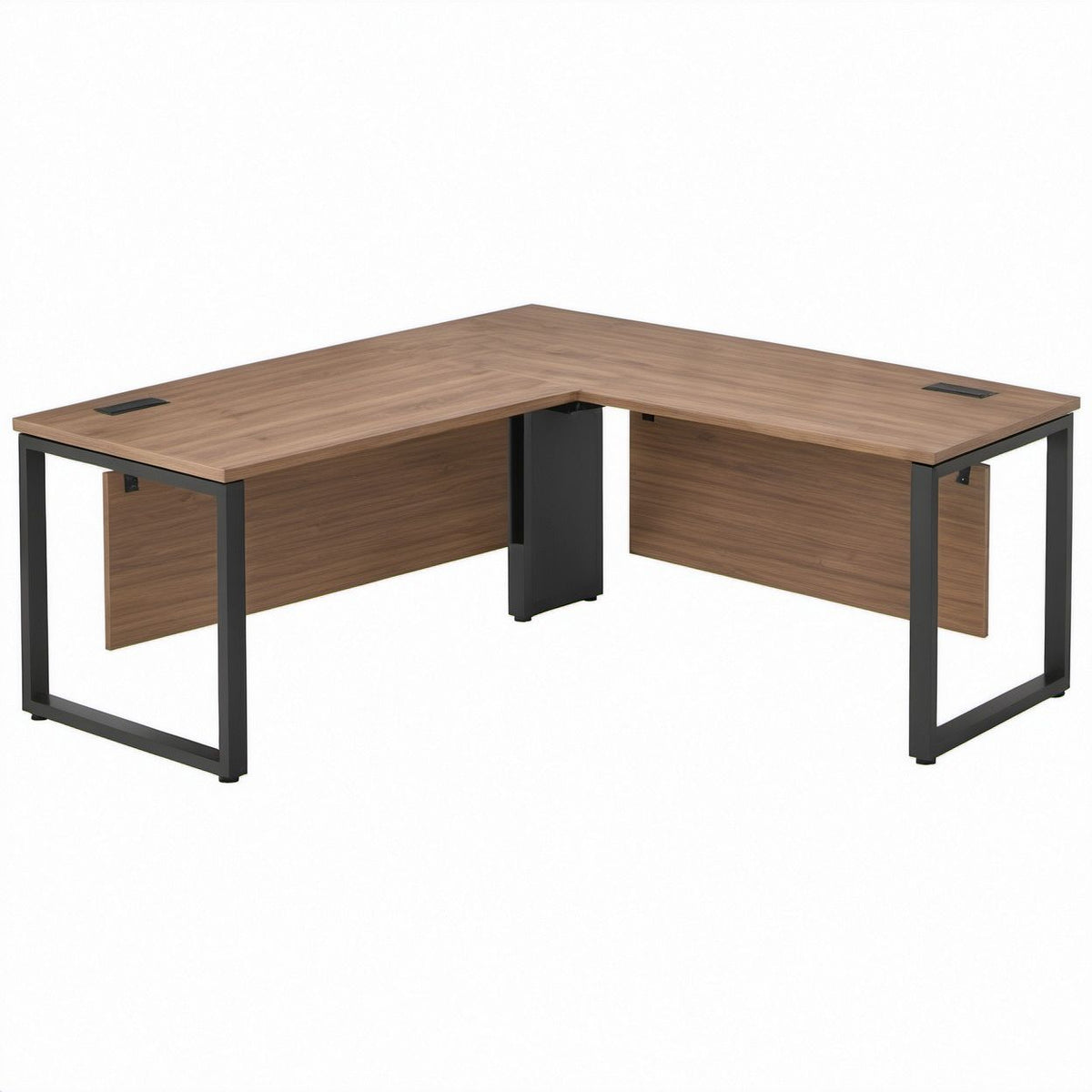 L-förmiger Schreibtisch in Nussbaumoptik mit schwarzem Stahlgestell, 160 x 160 x 80 x 74 cm