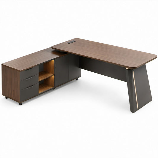 L-förmiger Schreibtisch in Walnuss/Dunkelgrau, 200 x 160 x 75 cm, mit 3 Schubladen und Stauraum