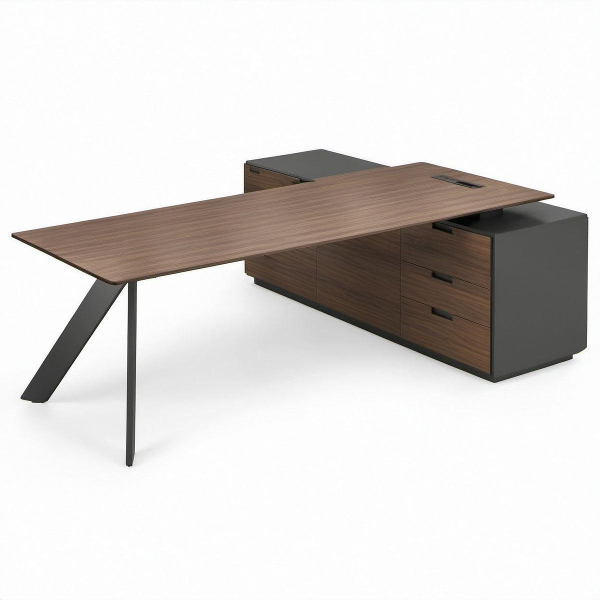 L-förmiger Schreibtisch in Nussbaum/Schwarz, 200 x 180 x 75 cm, mit Container und 3 Schubladen