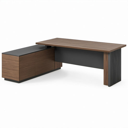 L-förmiger Büroschreibtisch mit Sideboard, Nussbaum/Schwarz, 220 x 180 x 75 cm