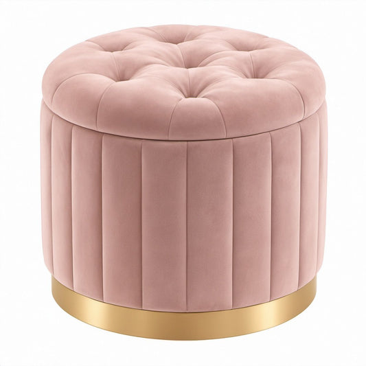 Runder Sitzhocker aus rosa Polyester-Samt mit goldfarbenem Edelstahlfuß, Ø 40 cm, Höhe 45 cm