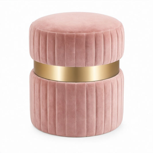 Runder Polsterhocker aus rosa Polyestersamt mit goldfarbenem Stahlring, Ø 40 x 45 cm