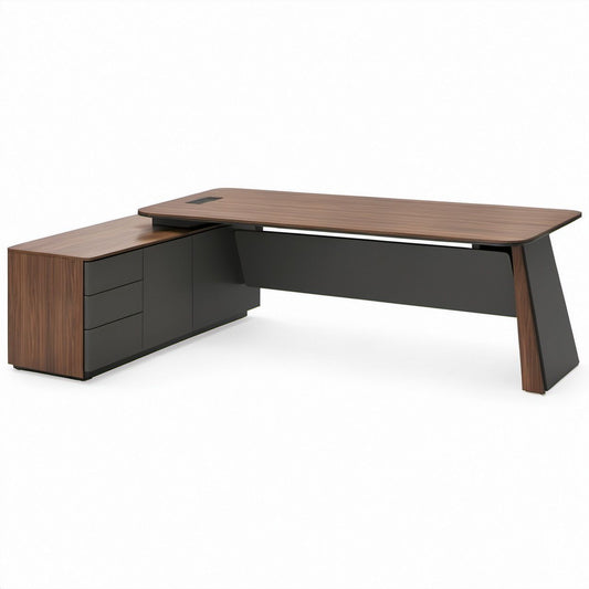 Winkelschreibtisch mit linkem Stauraummodul, Walnussbraun/Schwarz, 220 x 180 x 75 cm