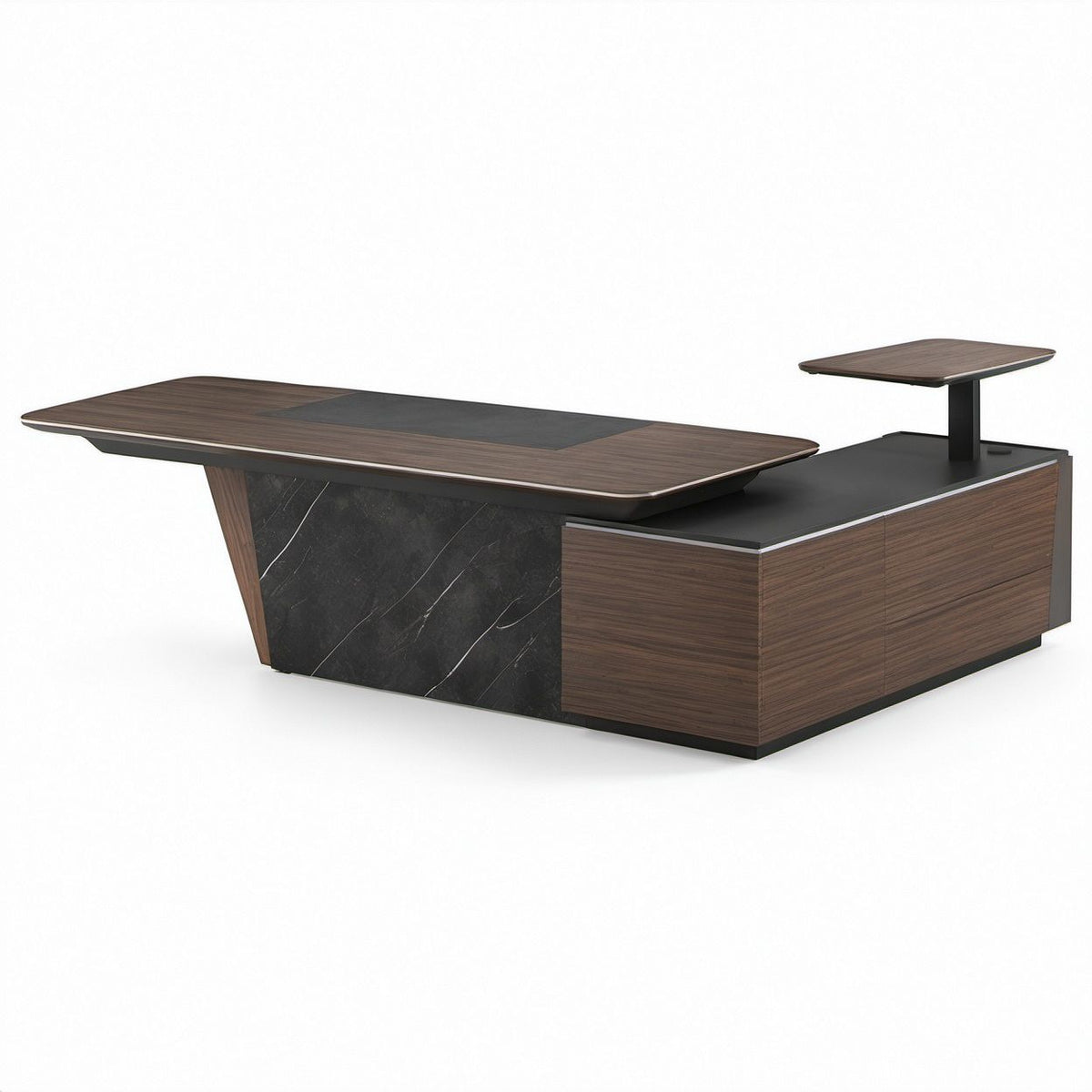 L-förmiger Chefschreibtisch mit Seitenschrank und Ablage, Dunkelbraun/Schwarz/Anthrazit, 240 x 180 x 75 cm