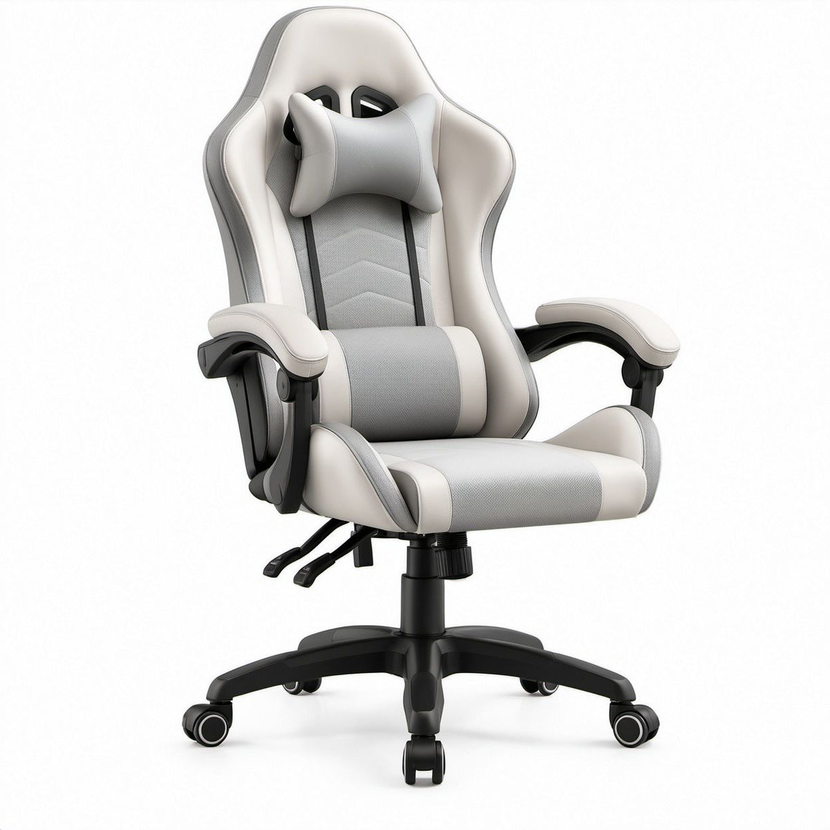 Ergonomischer Gamingstuhl Weiß/Grau/Schwarz mit PU-Kunstleder und Polyestergewebe, 68 x 68 x 122–132 cm