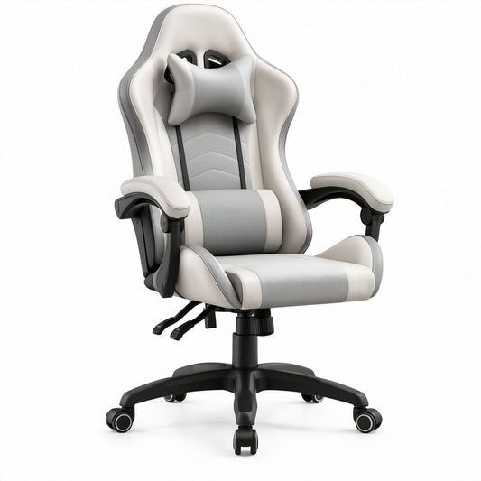 Ergonomischer Gamingstuhl Weiß/Grau/Schwarz mit PU-Kunstleder und Polyestergewebe, 68 x 68 x 122–132 cm